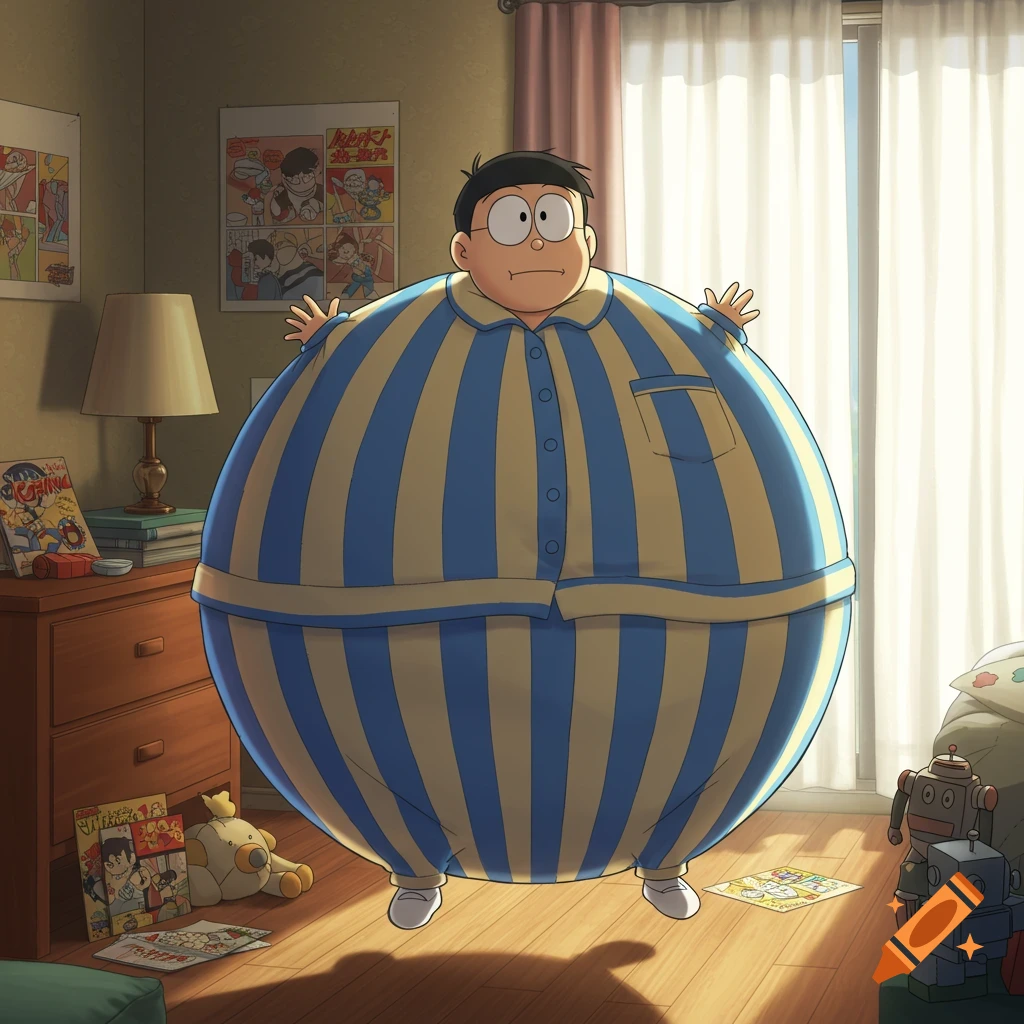 Nobita, a cartoon character, is massively inflated in blue and yellow striped pajamas, standing in a sunlit bedroom.