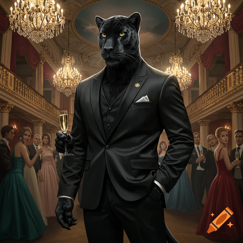 A black panther in a black suit holds a champagne glass in a grand ballroom with chandeliers and other formally dressed guests.