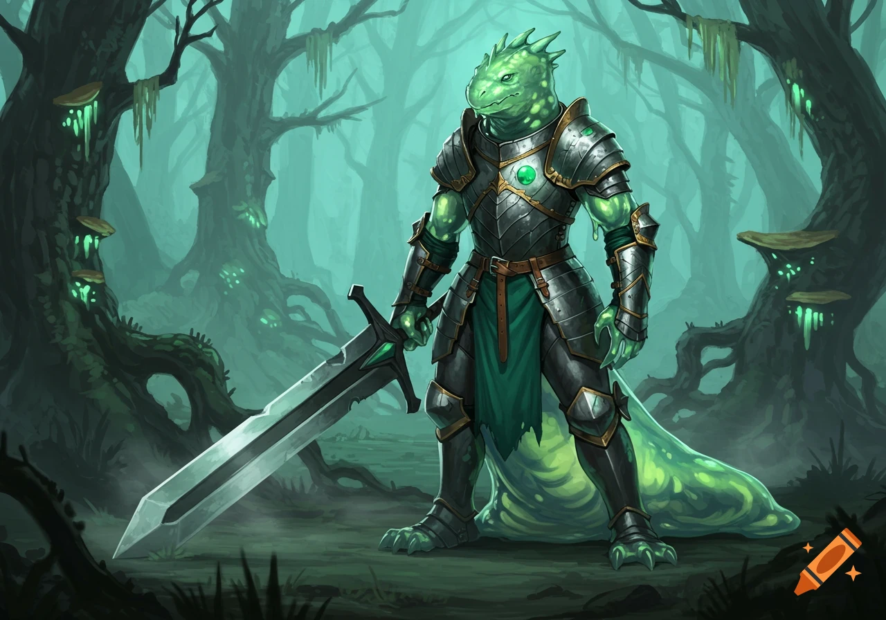 A green-skinned reptilian warrior in full knight armor holds a broadsword in a misty, glowing swamp forest.