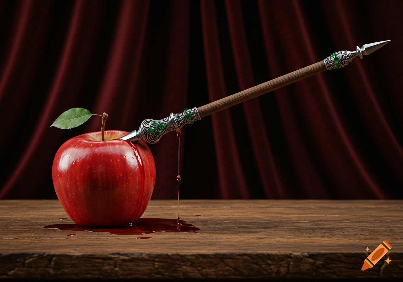 A photorealistic still life of a red apple pierced by an ornate spear, dripping red liquid onto a wooden table with a red curtain background.