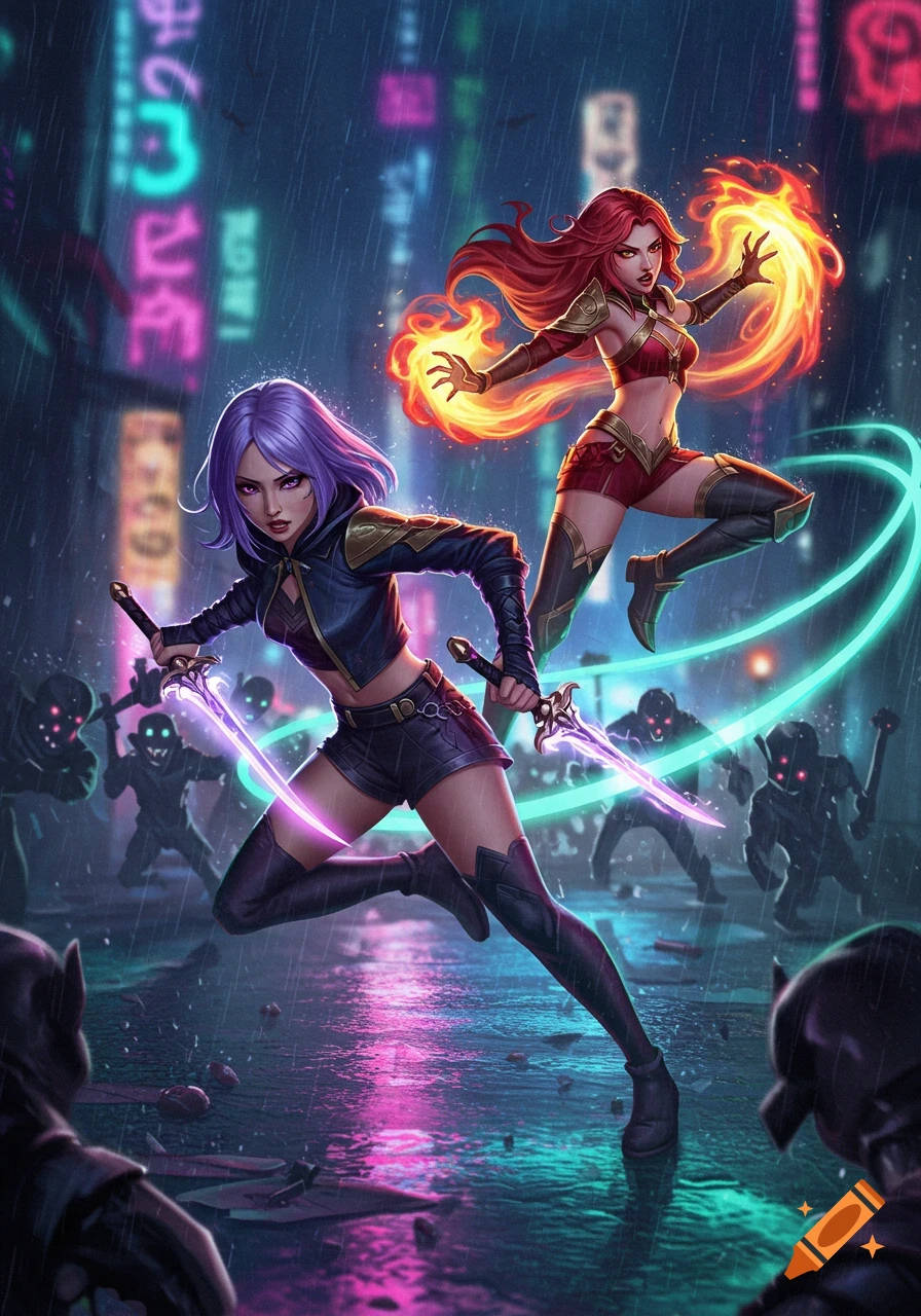 Two female warriors, one with purple hair and glowing swords, the other with fire powers, fight shadowy figures in a rainy cyberpunk city.