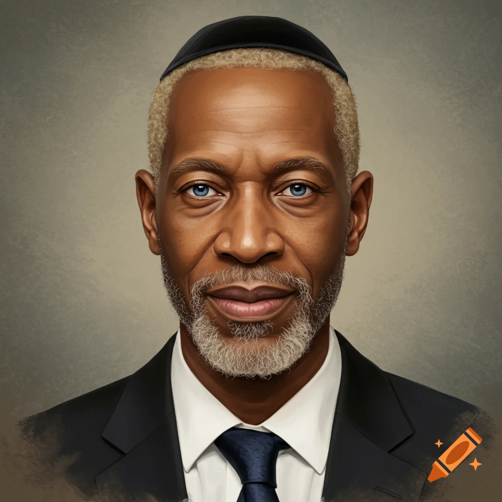 Digital painting of an older Black man with blue eyes, blond/gray hair, a gray beard, and a yarmulke, wearing a suit and tie.