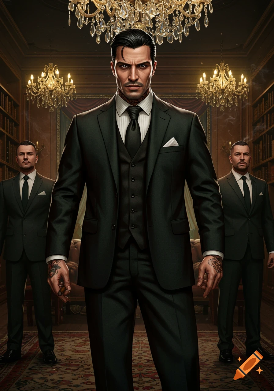 A stern man in a dark suit with tattoos stands in a luxurious room with chandeliers, flanked by two other men in suits. Photorealistic style.