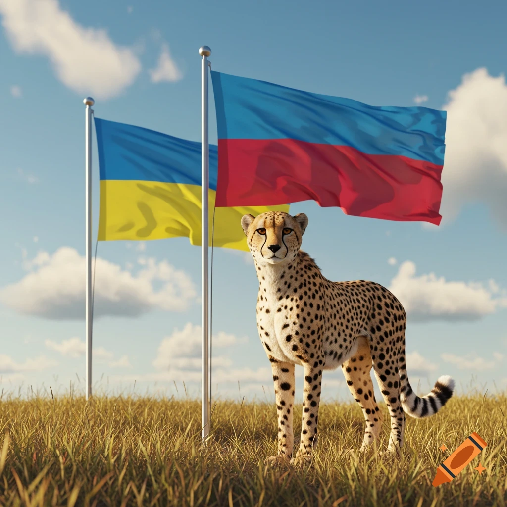 Photorealistic cheetah in a grassy field with the Ukrainian flag and a blue and red flag flying behind it under a blue sky.