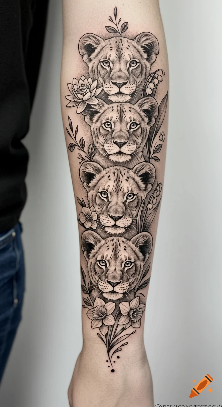 Black and white tattoo on a forearm featuring four stacked lion cub faces surrounded by various flowers and foliage.