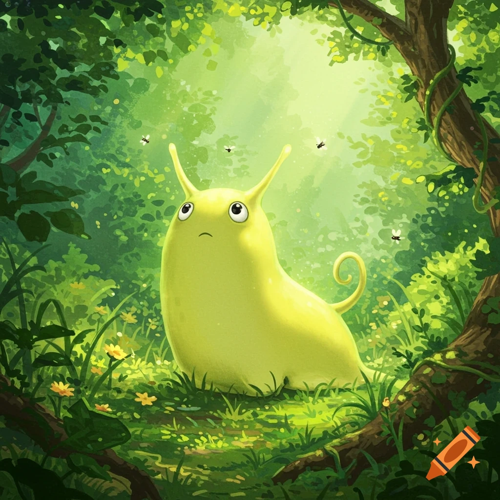 A cute light-green slug-like creature stands in a lush, sunlit Studio Ghibli style forest with small flowers and insects.