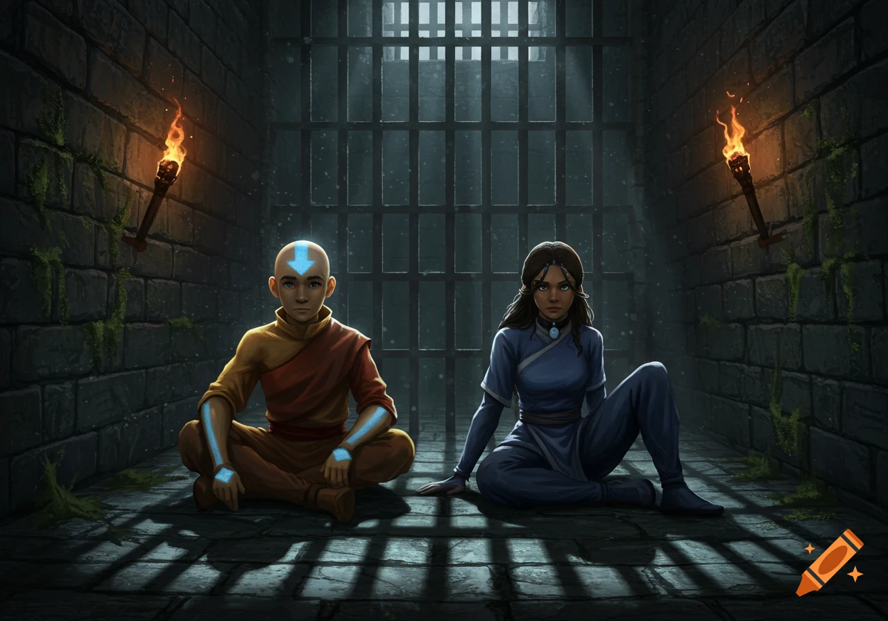 Aang and Katara from Avatar: The Last Airbender sit cross-legged on a stone floor in a dark prison cell, lit by torches.
