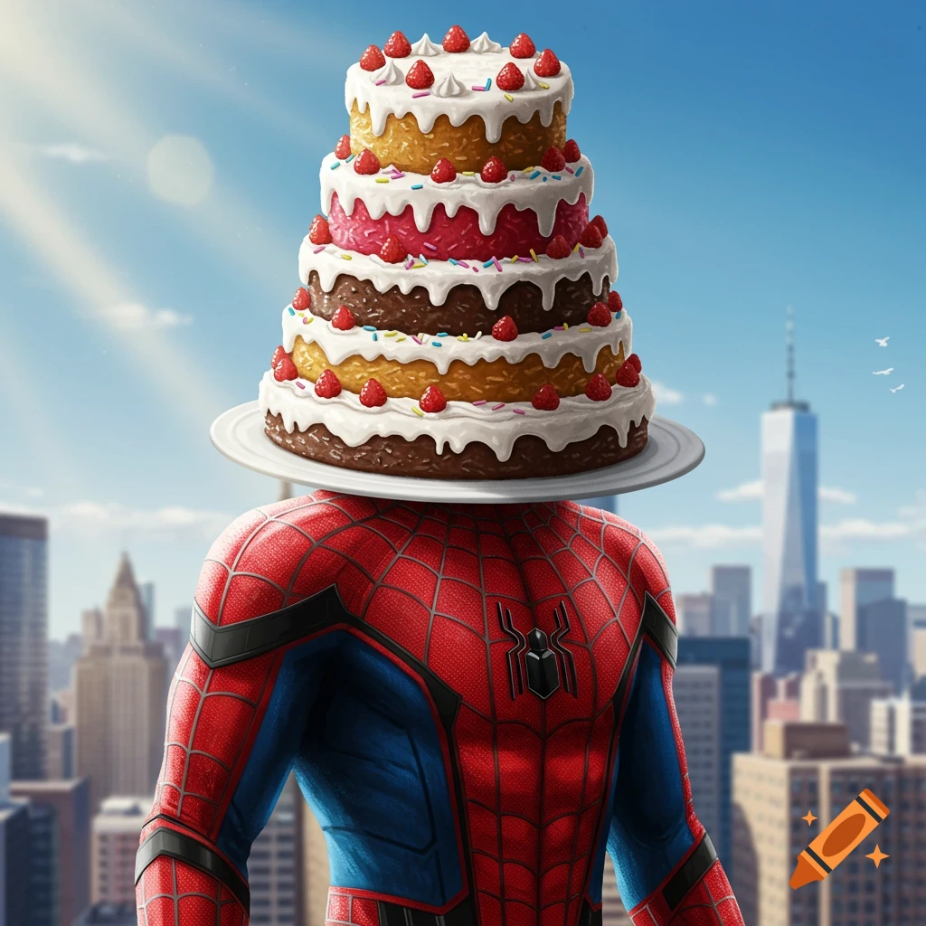 Spider-Man wearing his suit with a five-tier strawberry cake for a head, set against a bright city skyline.