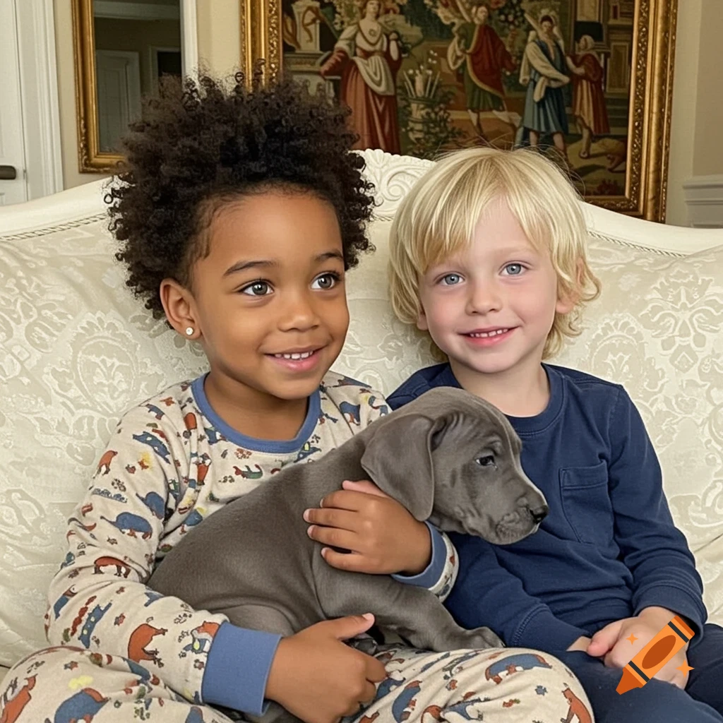 Two smiling boys, one with an Afro and one with blonde hair, sit on a couch. The first boy holds a gray puppy.