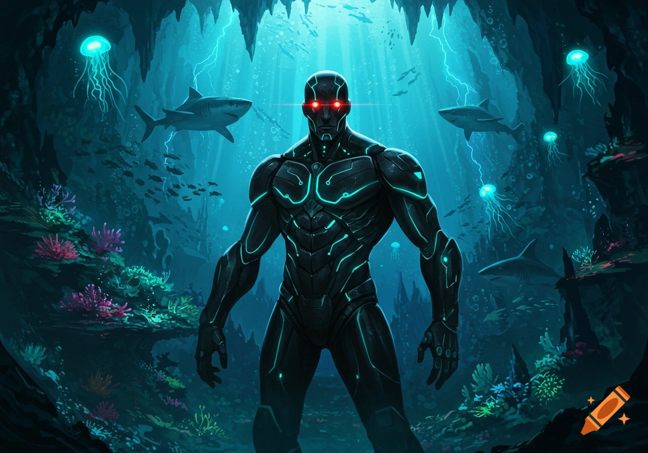 A black robot with glowing blue lines and red eyes stands in an elaborate underwater cave with sharks and jellyfish.