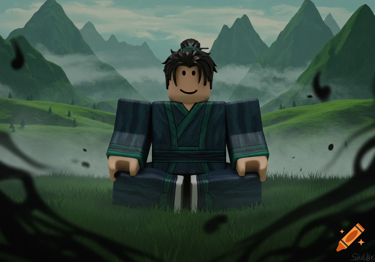 A Roblox character in an ancient Chinese robe meditates in a cross-legged position on grassy hills with mountains in the misty background. Dark wisps float around him.