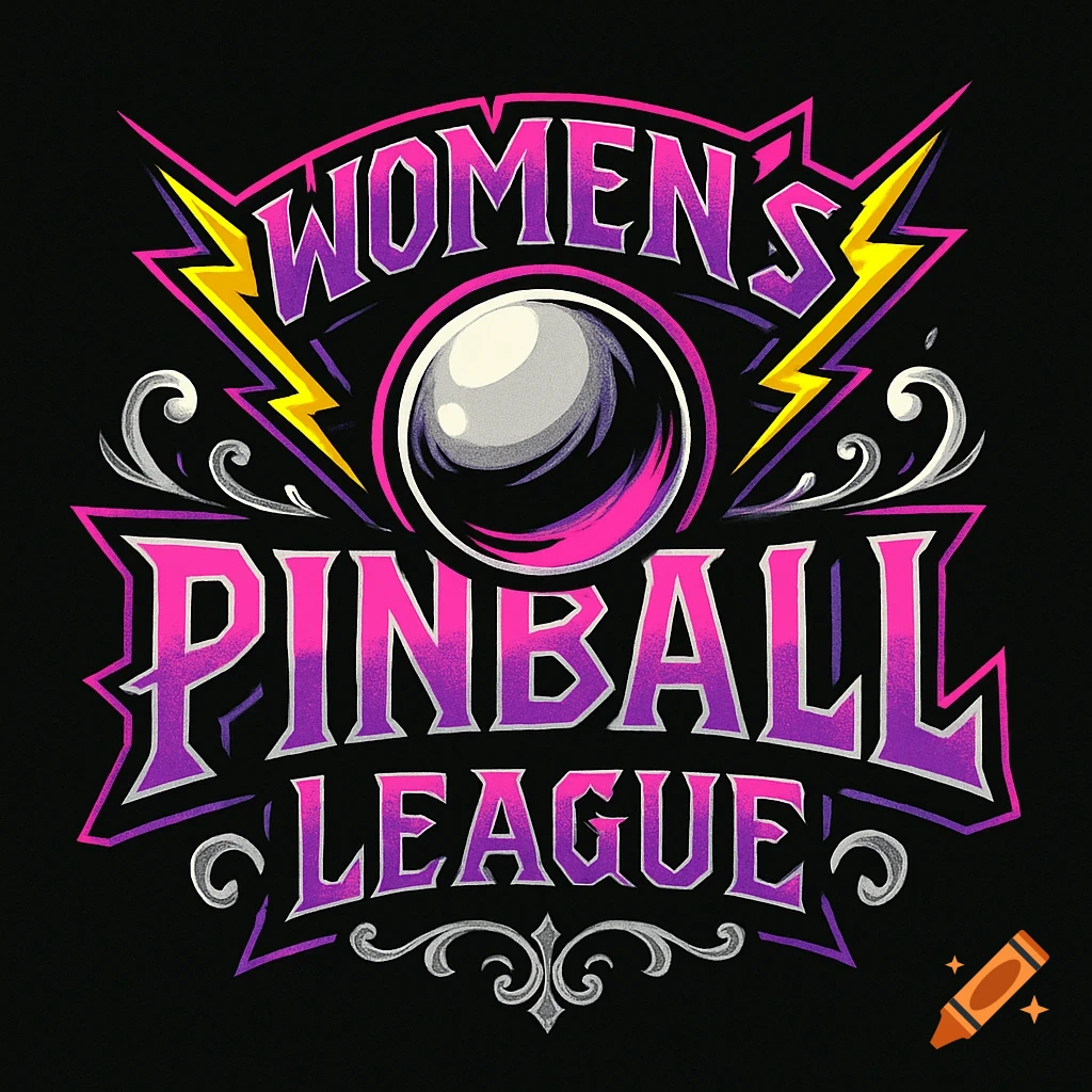 Logo for a Women's Pinball League featuring a pinball, lightning bolts, and stylized pink and purple text on a black background.