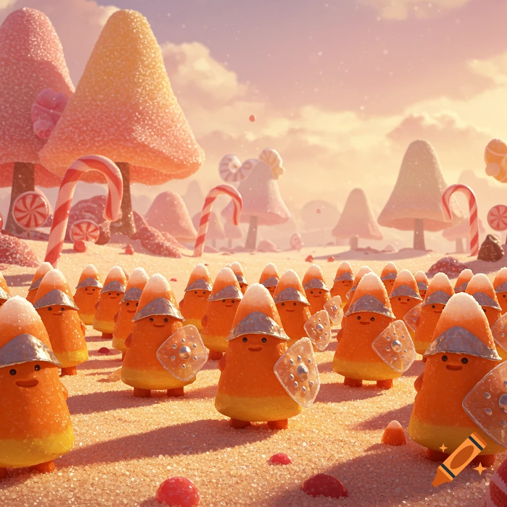 Cute candy corn characters with helmets and shields stand in a sugary fantasy landscape with candy trees.