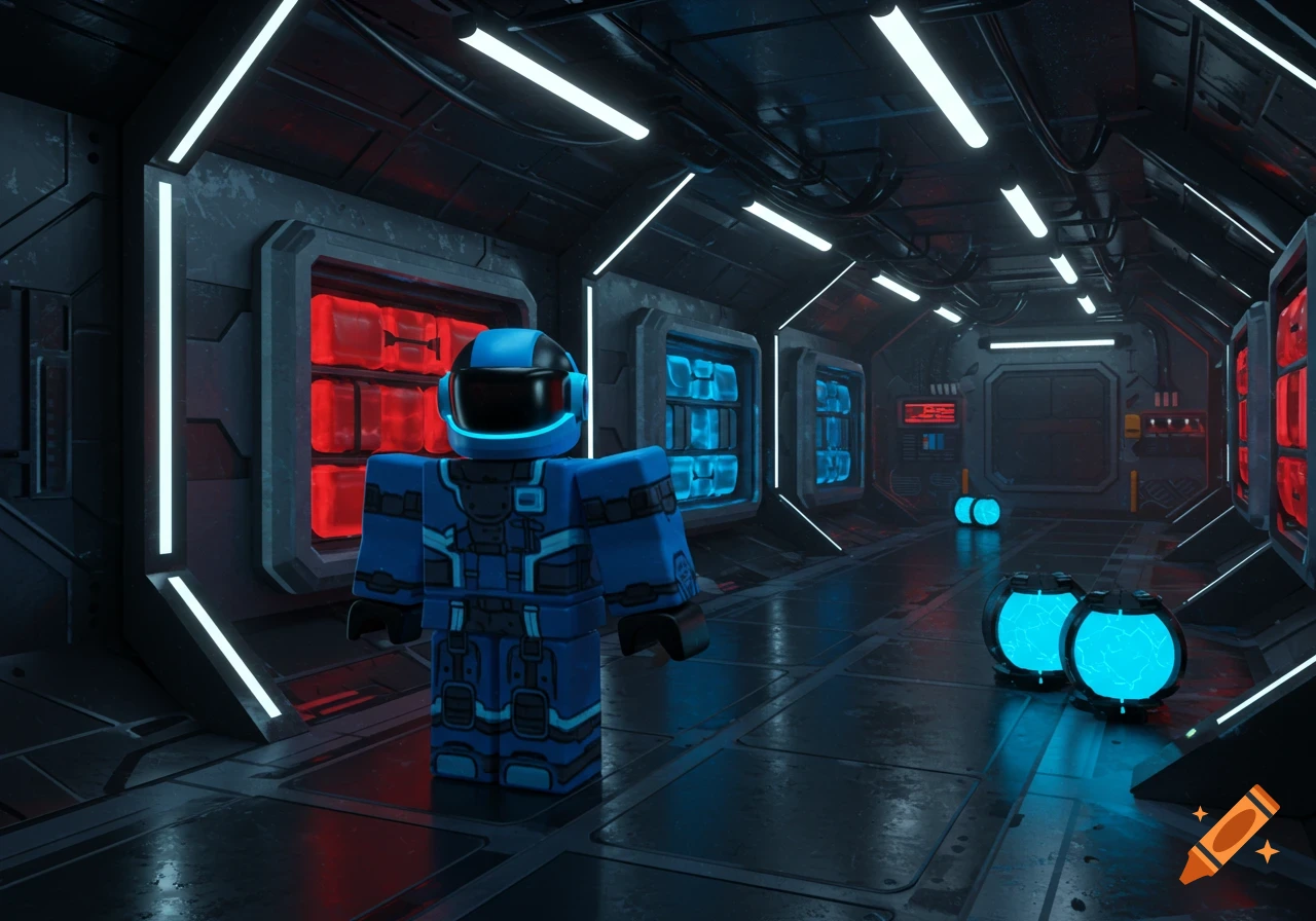 A Roblox character in a blue spacesuit stands in a dark, glowing sci-fi spaceship corridor with red and blue cargo bays and glowing orbs on the floor.
