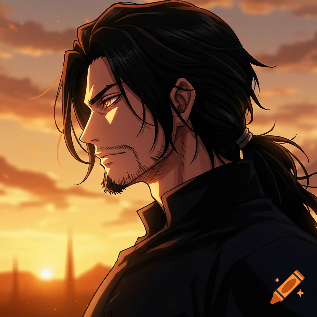 Anime style profile of a man with long black hair tied back, a goatee, and glowing orange eyes, silhouetted against a vibrant orange and yellow sunset.