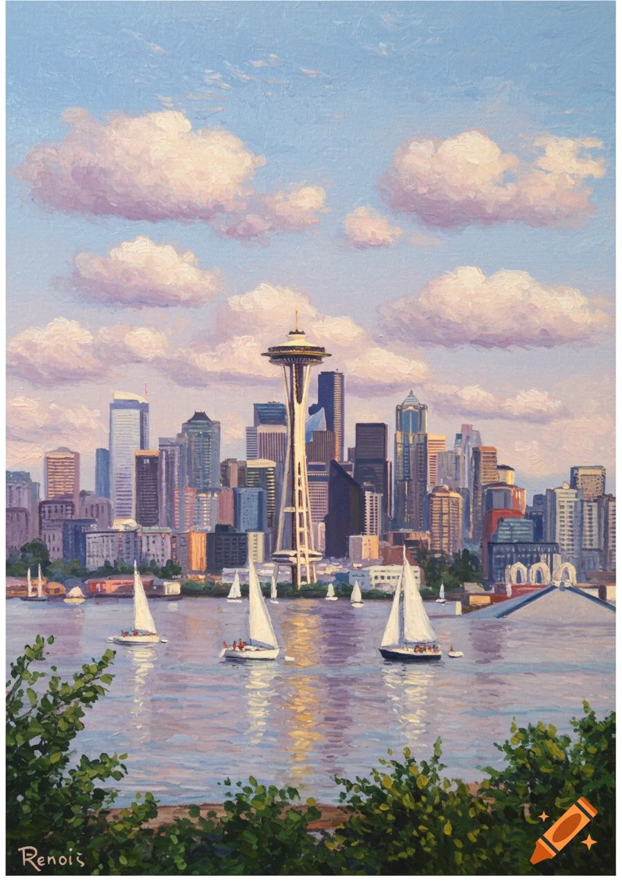 A vibrant painting of the Seattle skyline featuring the Space Needle, sailboats on a body of water, and fluffy clouds.