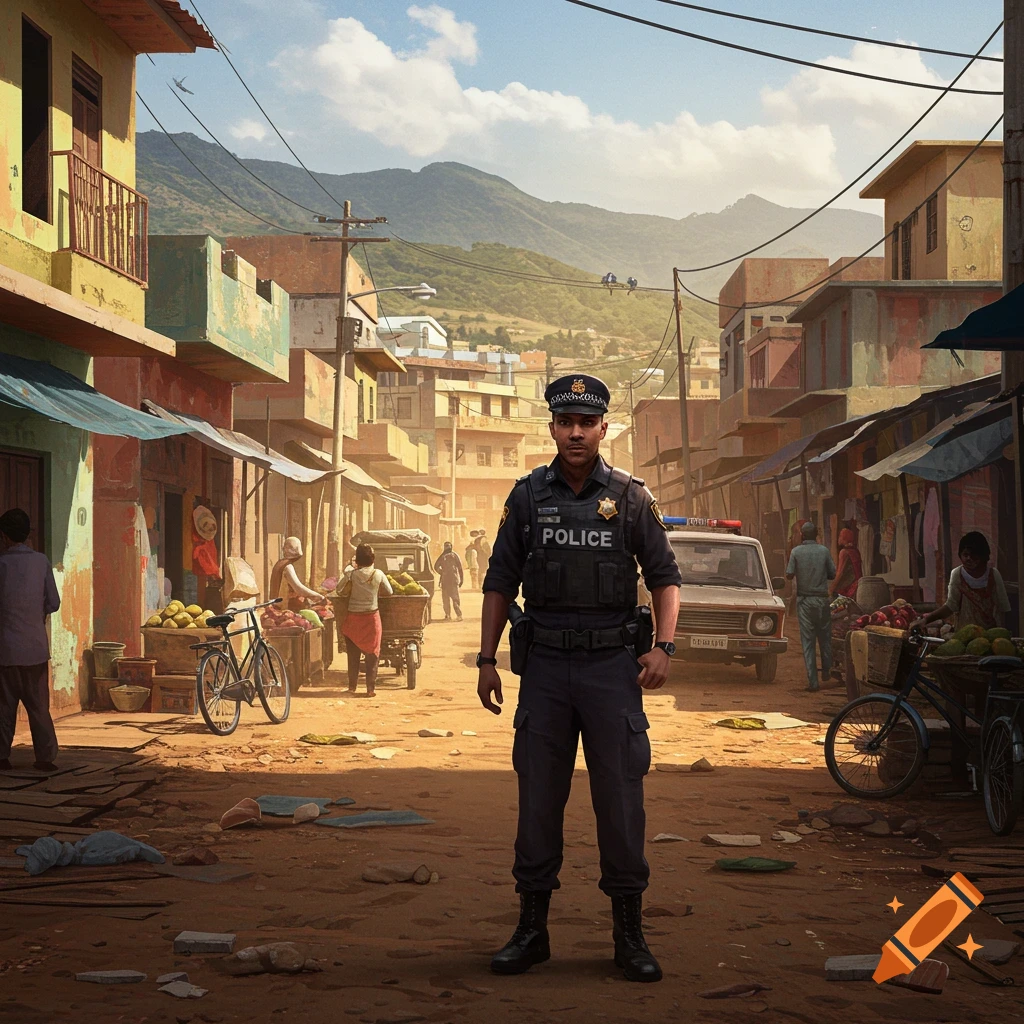 A uniformed police officer stands in the middle of a bustling street market in a developing country, with buildings and mountains in the background.