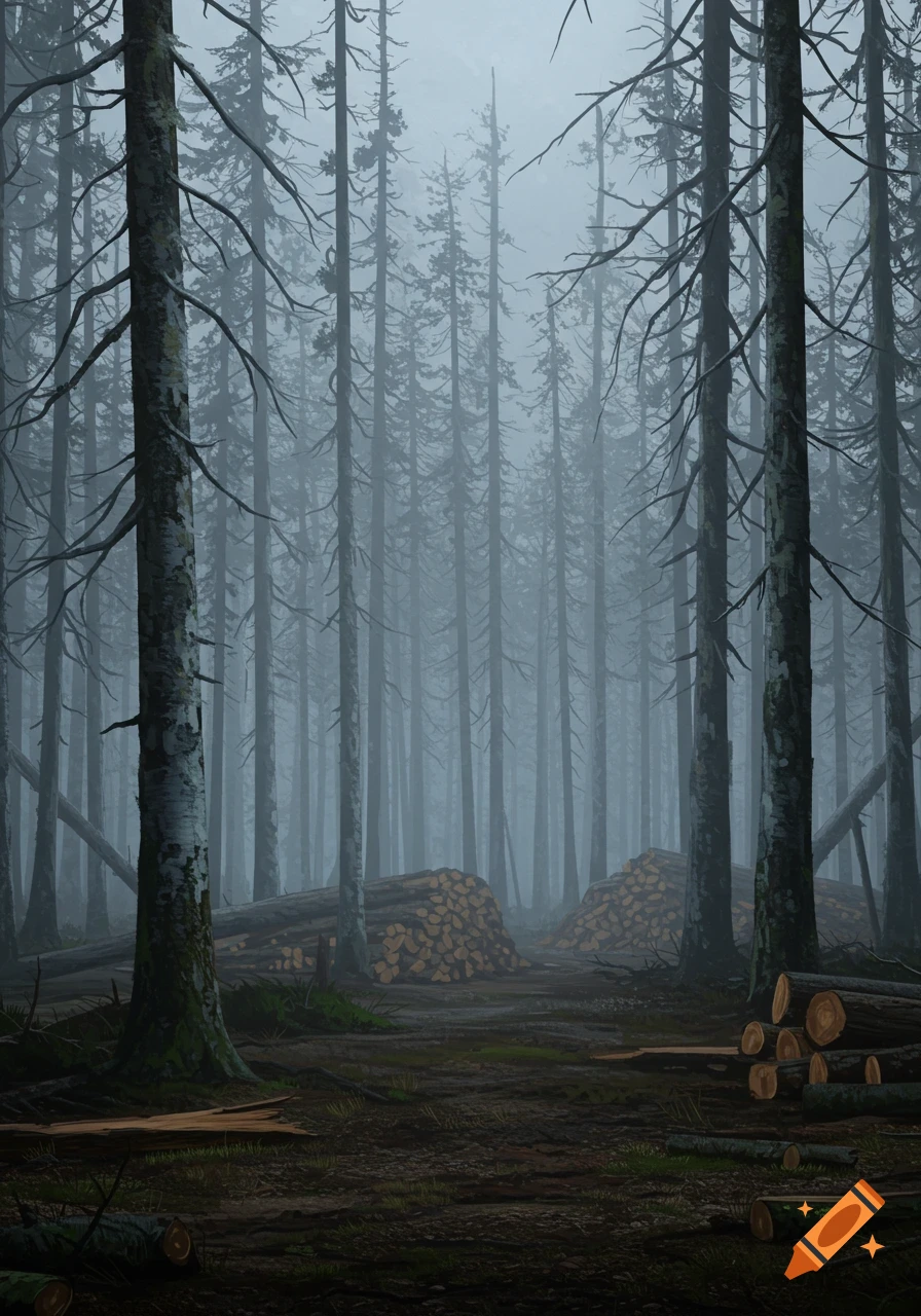 A misty, dark boreal forest with tall, bare trees, fallen logs, and piles of chopped firewood.