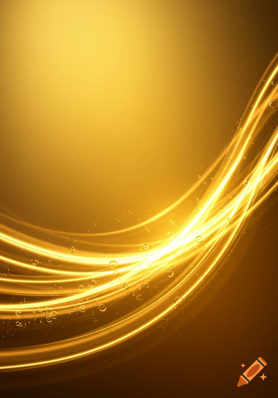 Abstract golden background with luminous wavy lines and small bubbles.