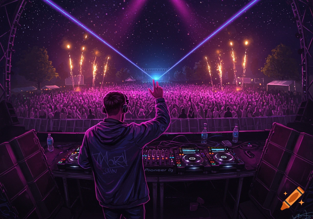 A stylized illustration of a DJ performing on stage at a vibrant night concert with a large crowd, laser lights, and fireworks.