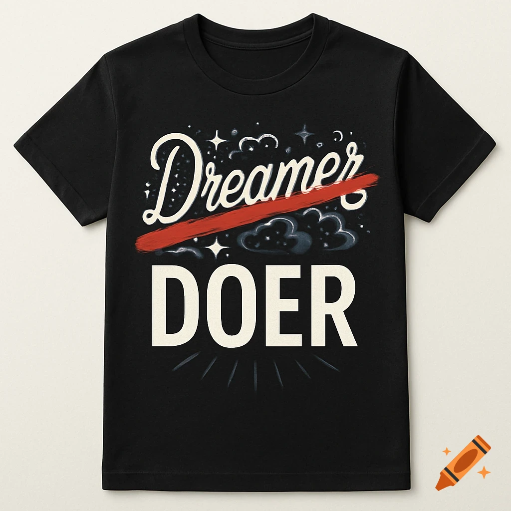 A black t-shirt featuring 'Dreamer' in cursive text, crossed out with a red line, and 'DOER' in bold capital letters below it, with subtle starry and cloud designs.