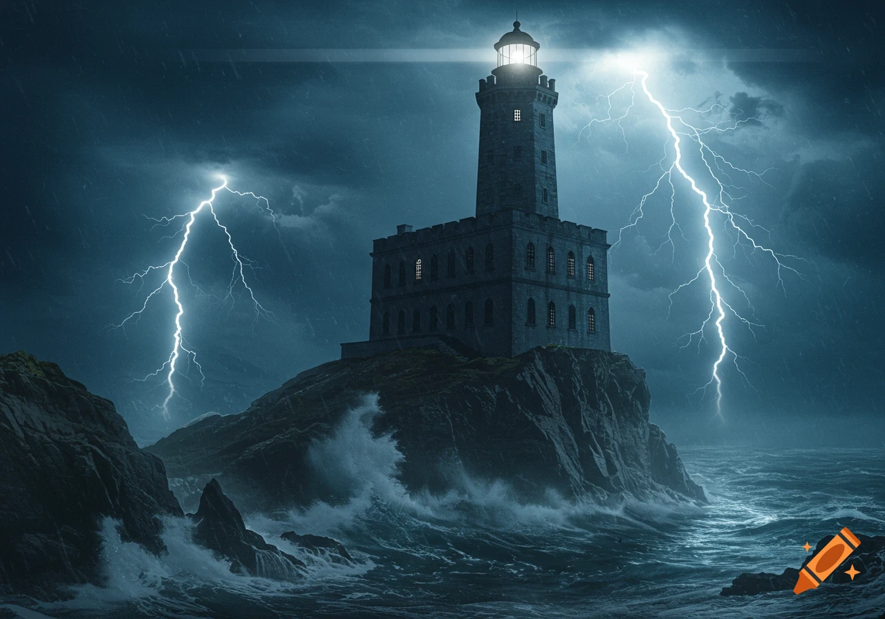 Photorealistic stone lighthouse on a rocky island in a dark, stormy sea with rain and bright lightning.