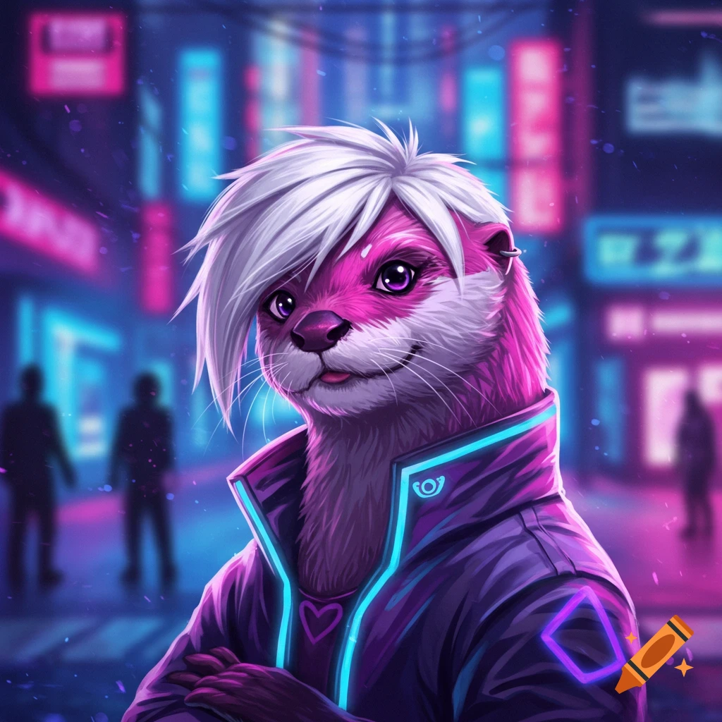 A stylized cartoon of a pink and purple anthropomorphic otter with white hair, wearing a jacket, against a neon cyberpunk city background.