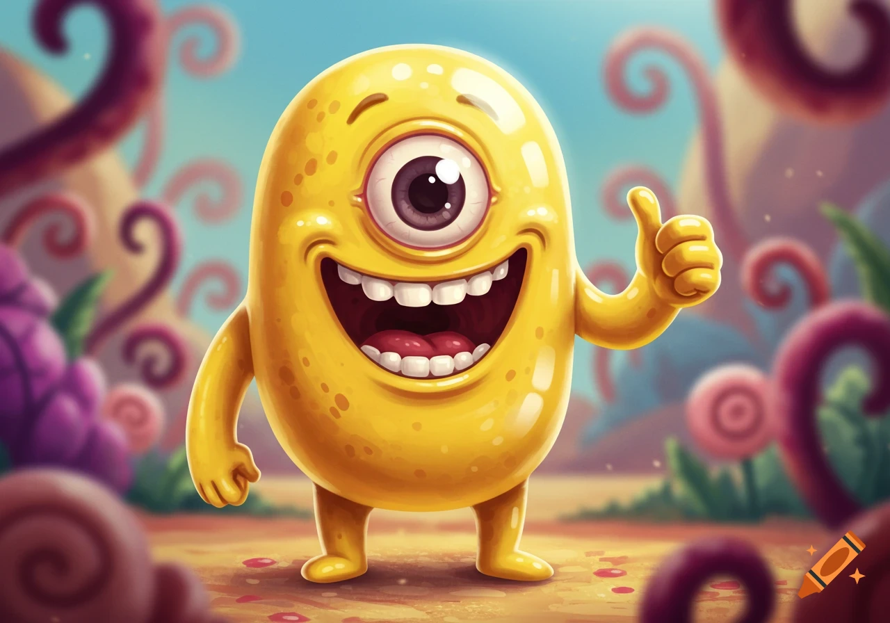 A cheerful, yellow, one-eyed, pill-shaped cartoon monster with a big smile gives a thumbs up in a whimsical setting.