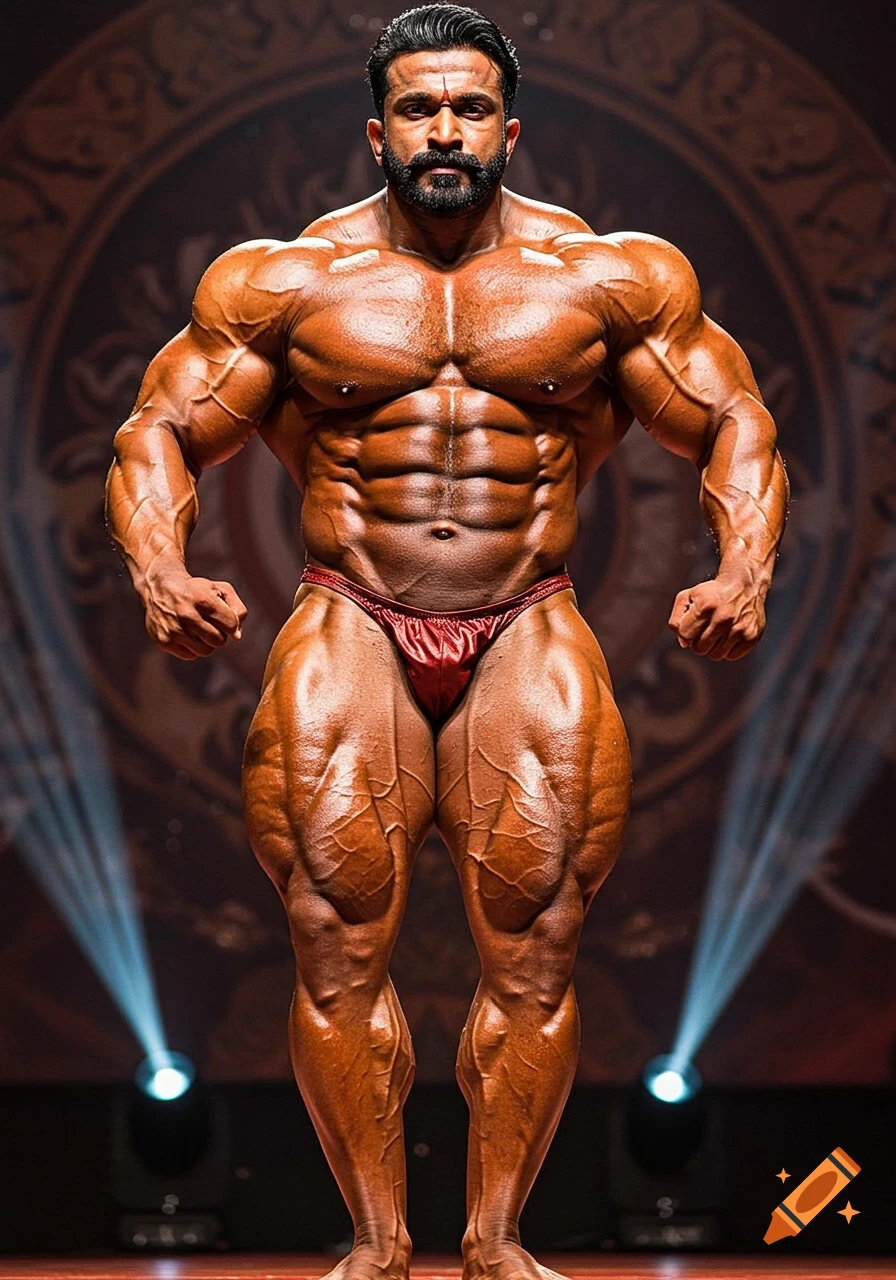 Photorealistic image of a very muscular male bodybuilder with a beard posing on a competition stage under spotlights.