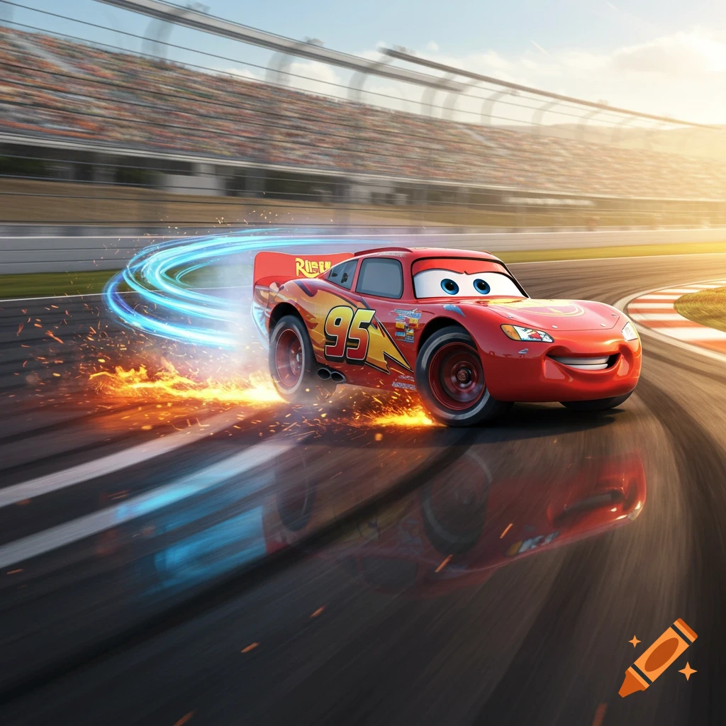 Lightning McQueen drifting on a race track, leaving a fiery and blue glowing trail behind him, with a stadium in the background.