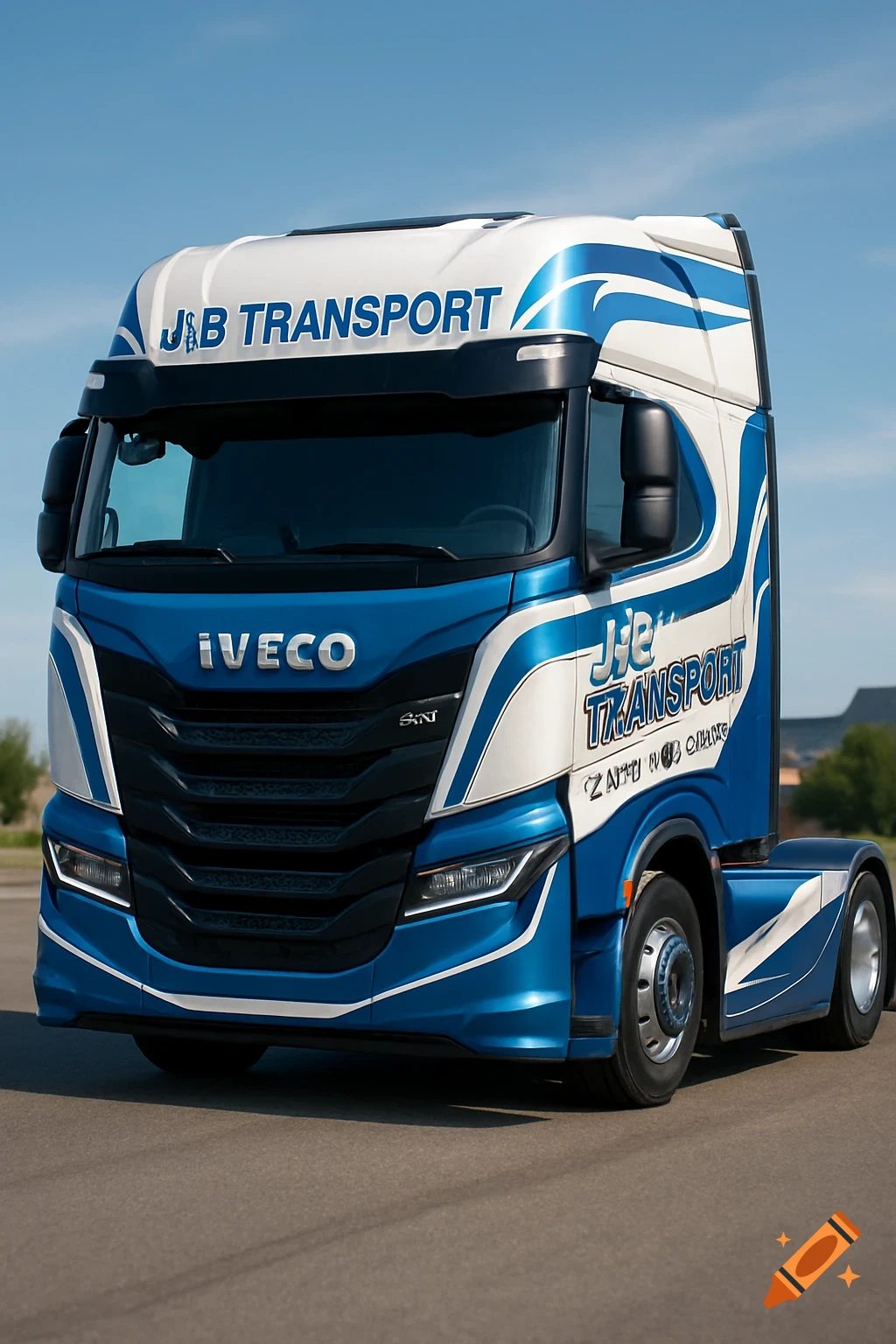 A photorealistic blue and white Iveco S-Way truck with J&B Transport branding parked under a clear sky.