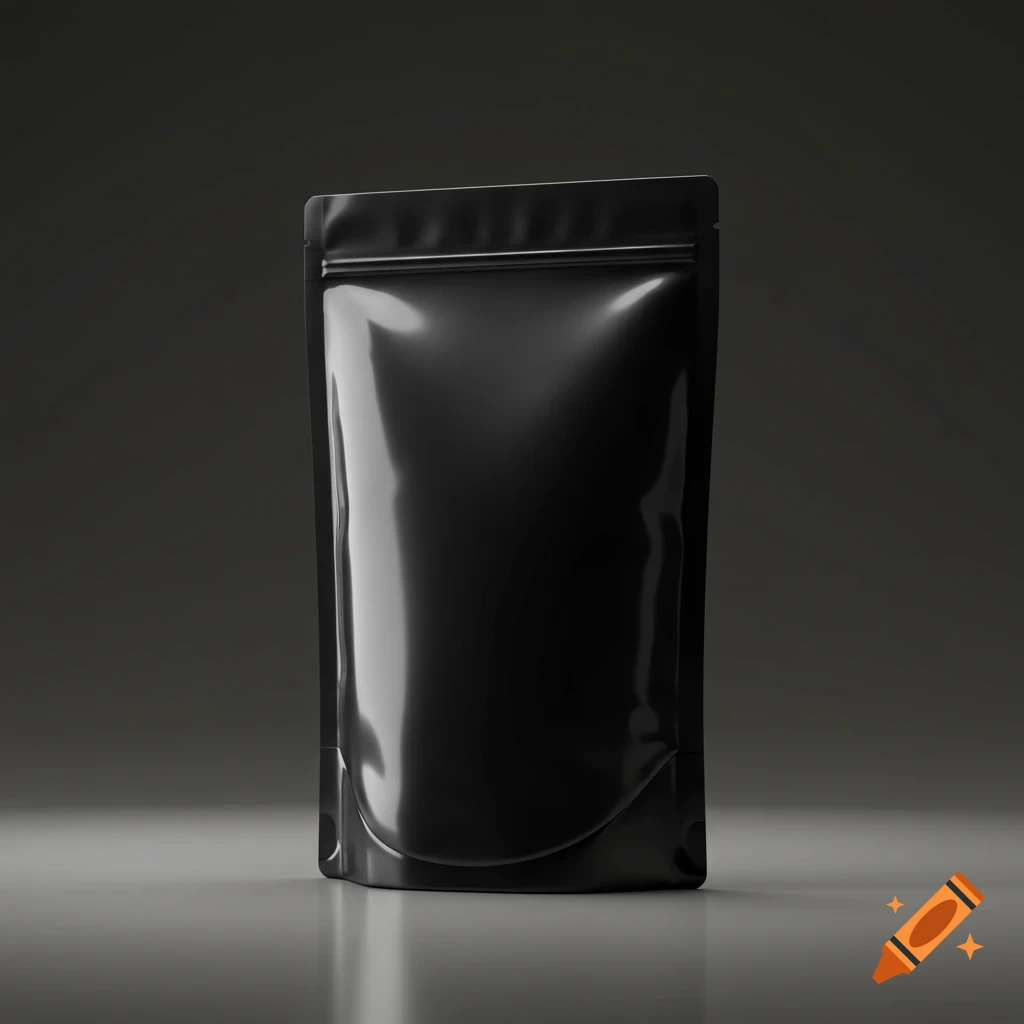 A sleek black stand-up pouch with a zipper closure on a reflective surface against a dark gray background.