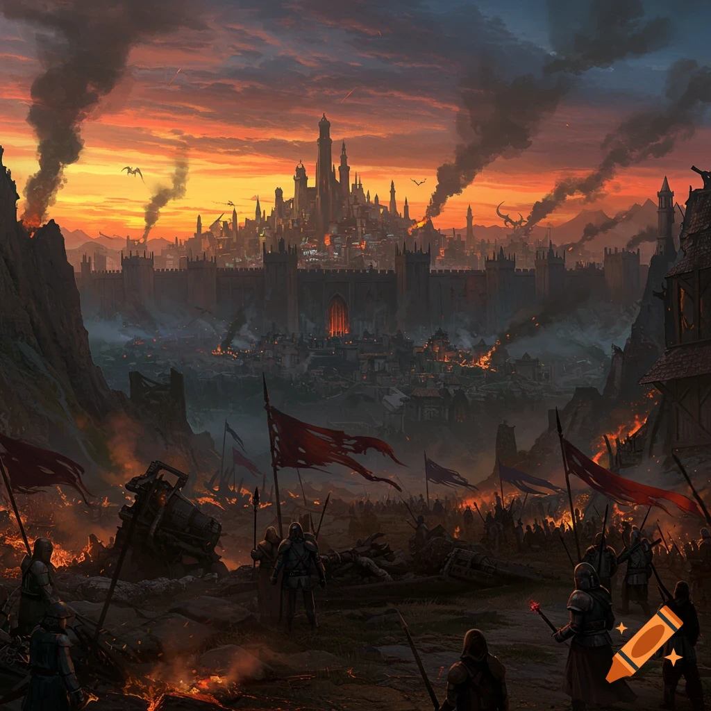 A fantasy city under siege at sunset, with smoke rising from burning buildings and an army of soldiers in the foreground.