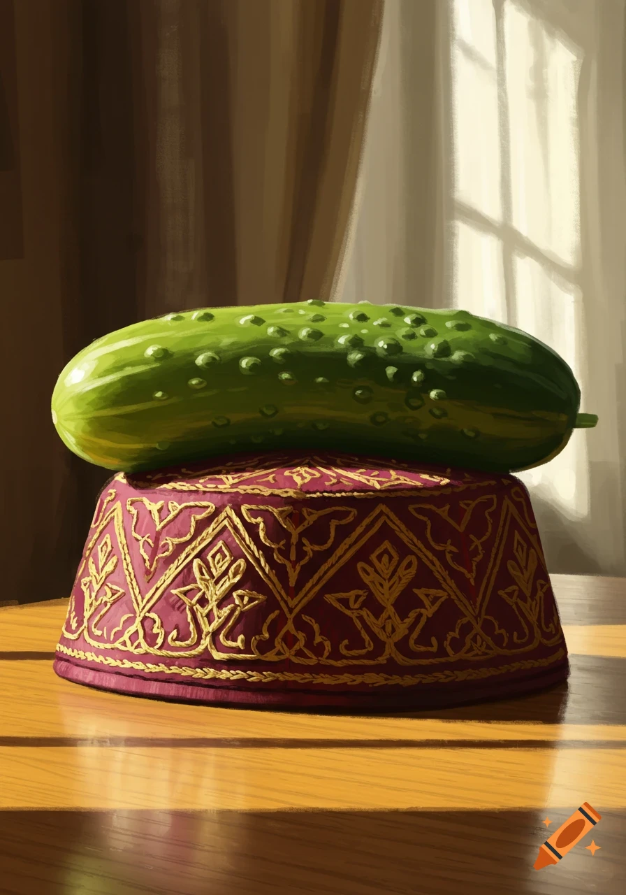 A green pickle sits on a red Aleppo hat with gold embroidery, on a wooden table bathed in sunlight, painted.