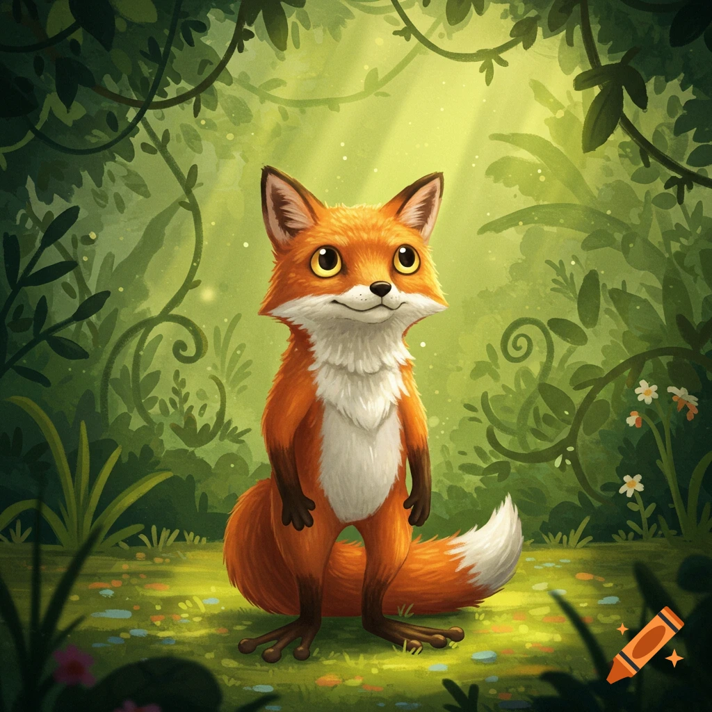 A cute cartoon fox standing upright in a lush green forest with sunlight filtering through leaves, in a whimsical style.