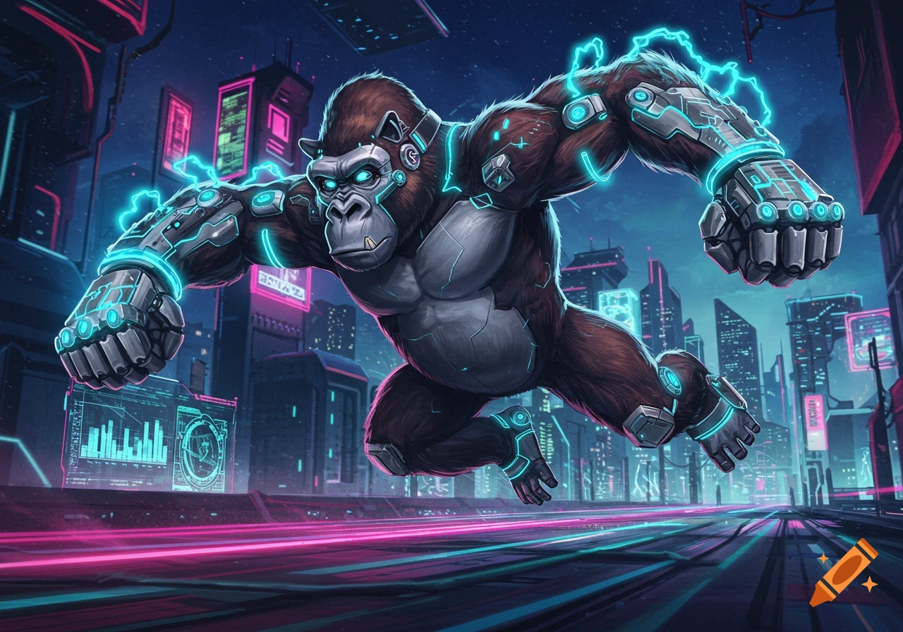 A powerful cybernetic gorilla with glowing blue accents leaps through a neon-lit futuristic city at night, in a vibrant illustration style.