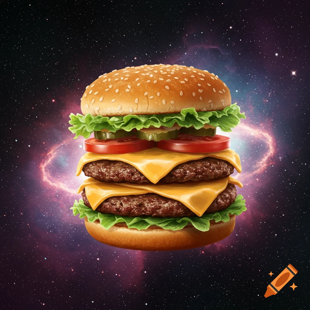 A large double cheeseburger with lettuce, tomato, and pickles floats in the center of a cosmic space background with a glowing nebula.