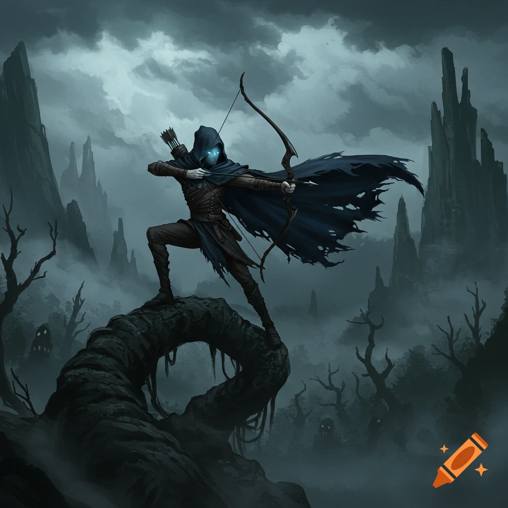 A hooded archer with glowing blue eyes aims a bow from atop a twisted root in a dark, misty fantasy landscape with jagged peaks.