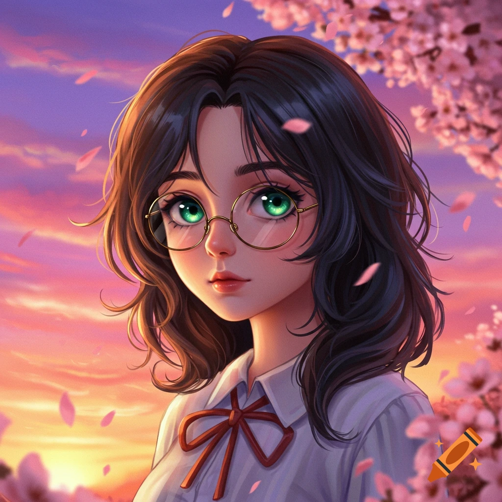 Anime girl with dark wavy hair, green eyes, and glasses, in front of a sunset sky with falling cherry blossoms.