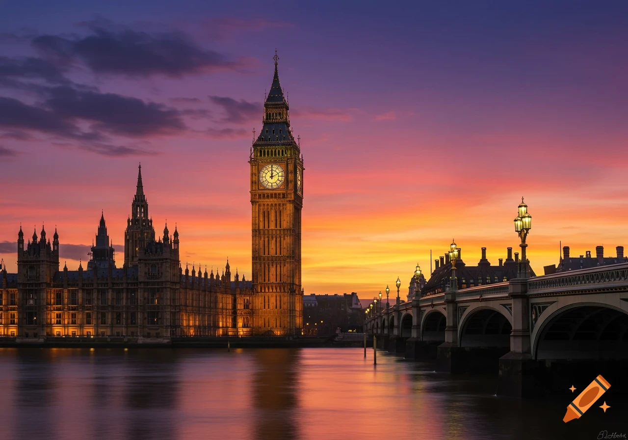 Big Ben and the Houses of Parliament silhouetted against a dramatic purple and orange sunset, reflected in the River Thames. Photorealistic.