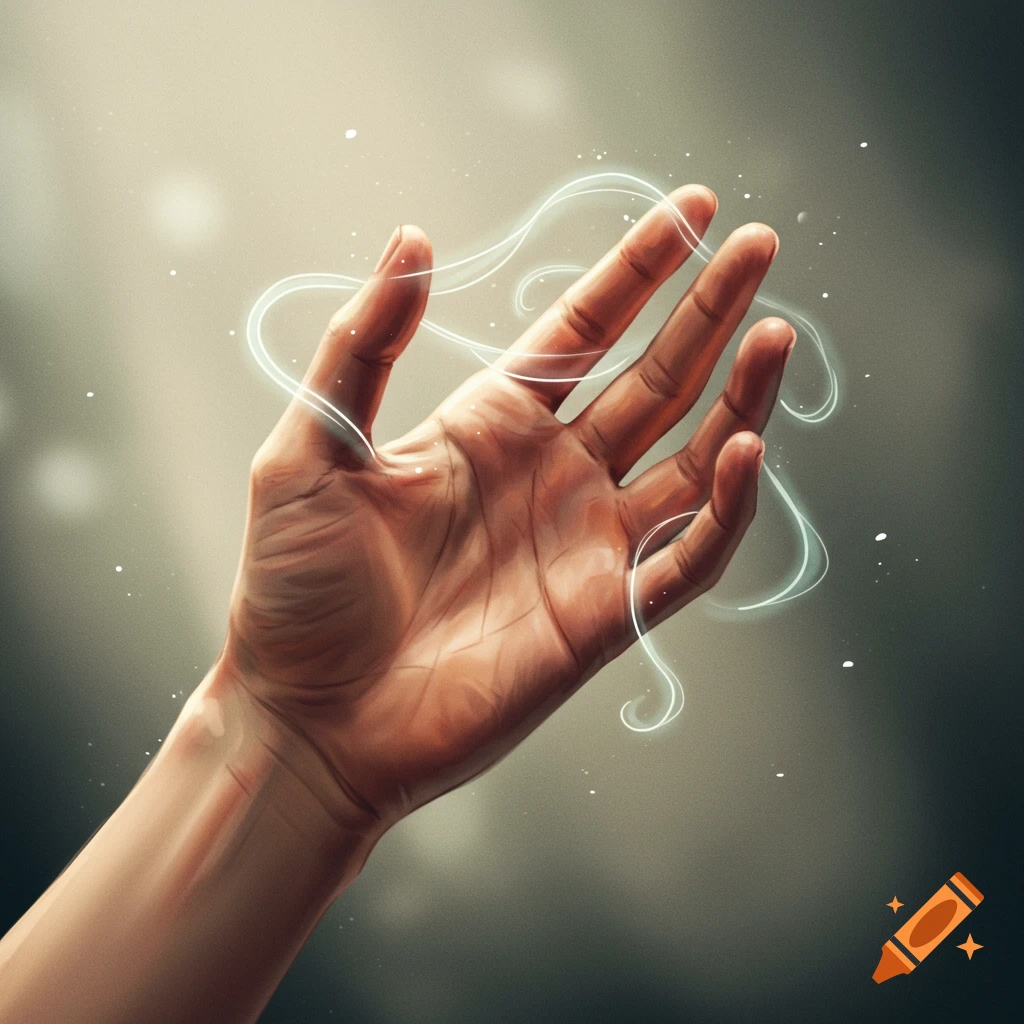 A detailed digital art image of a human hand surrounded by glowing white, swirling energy and particles against a blurred background.