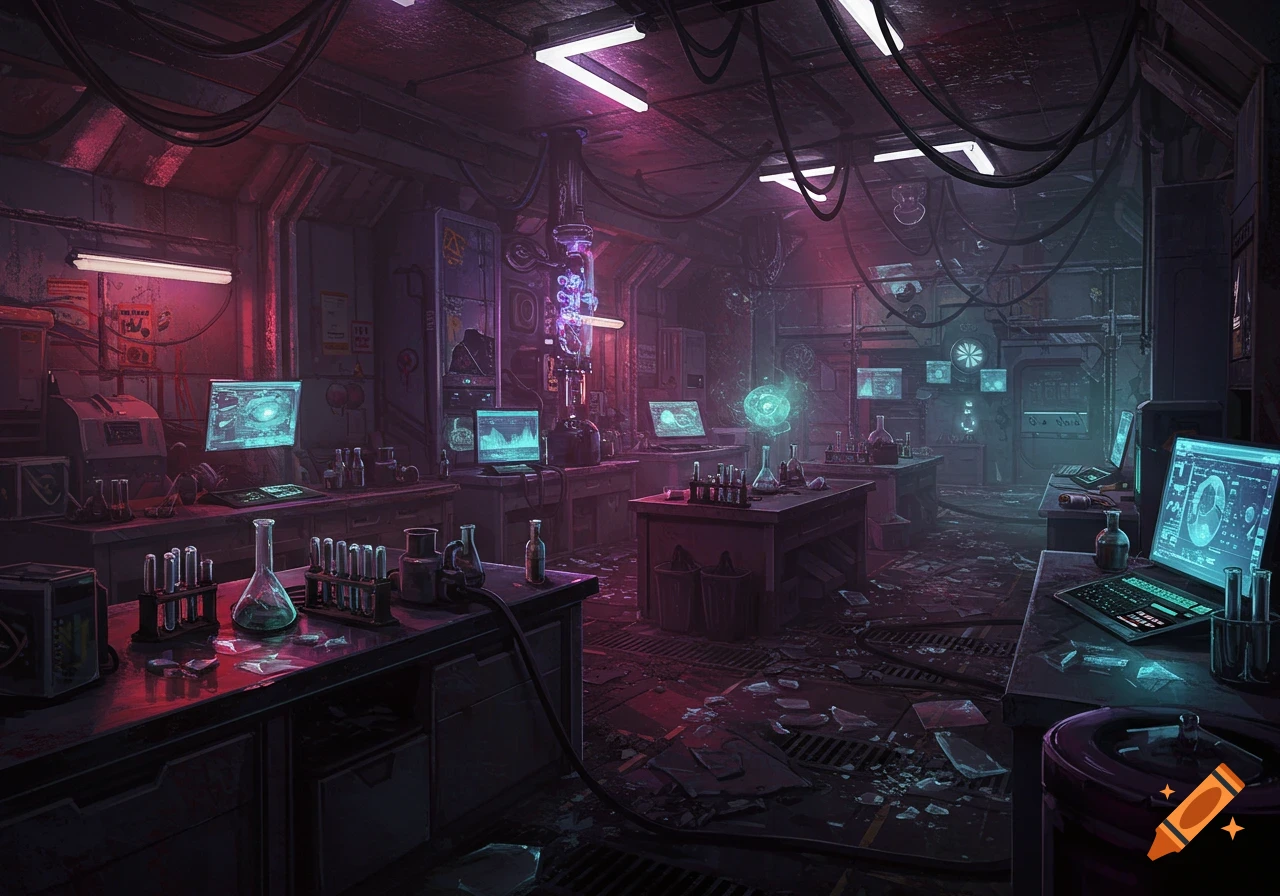 A rundown cyberpunk science lab with glowing monitors, beakers, test tubes, and broken glass, illuminated by purple and blue neon lights.