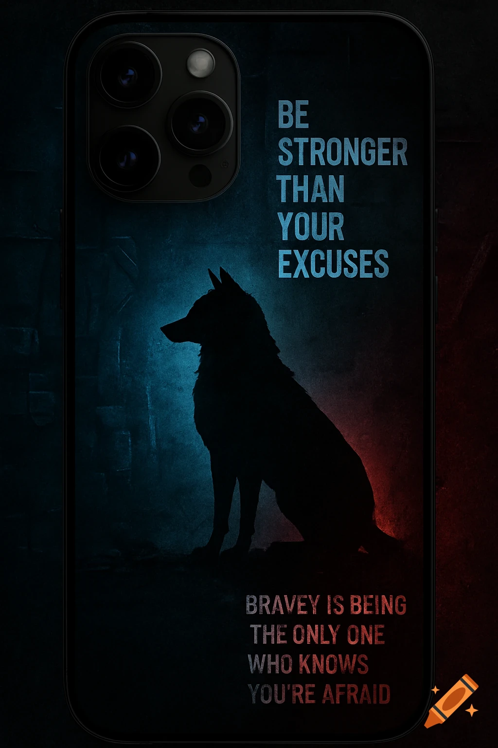Dark-themed iPhone case with a black wolf silhouette against blue and red neon light, featuring two motivational quotes.