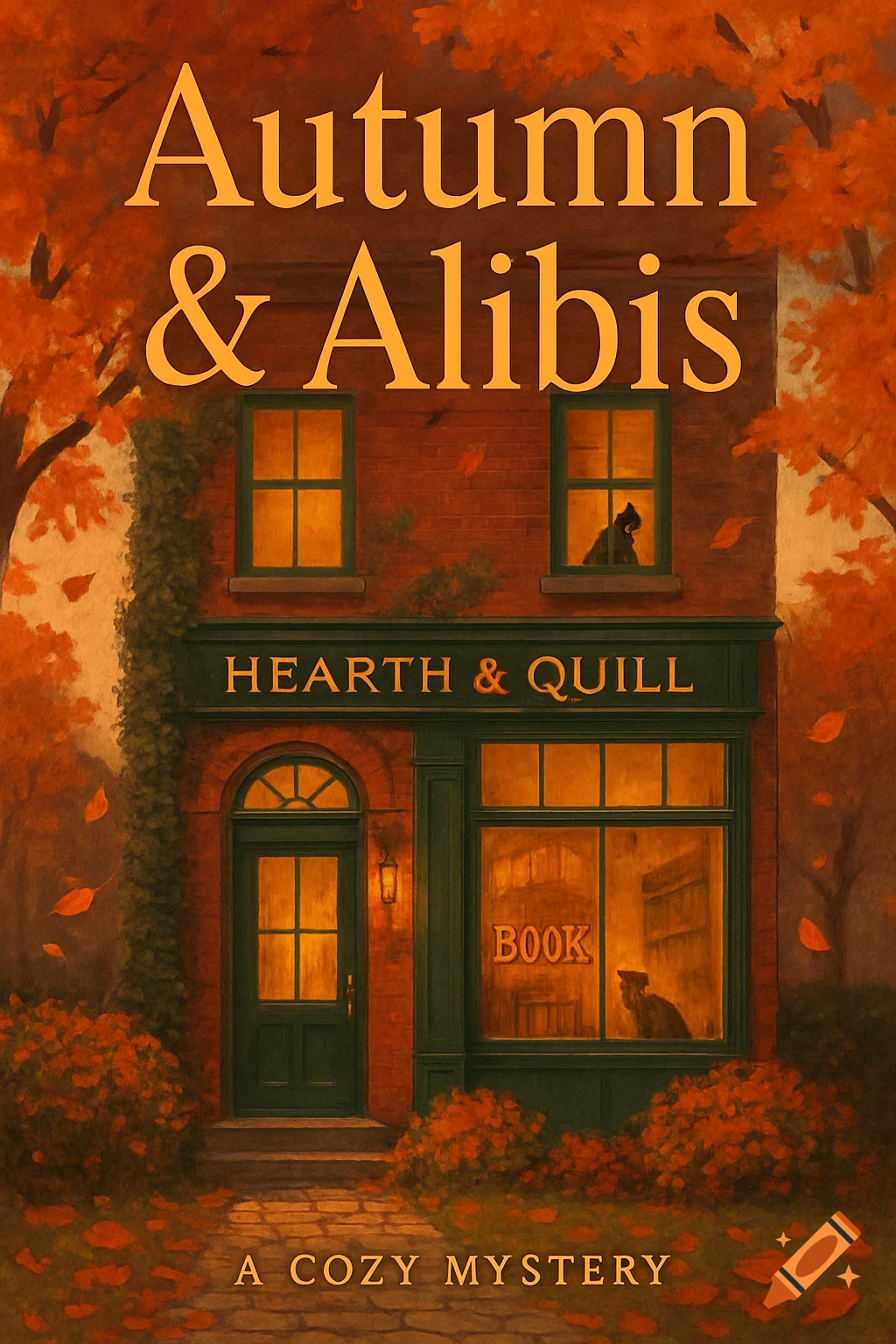 A cozy, painterly illustration of a brick bookstore named Hearth & Quill in autumn, with orange leaves falling. The title "Autumn & Alibis" is at the top.