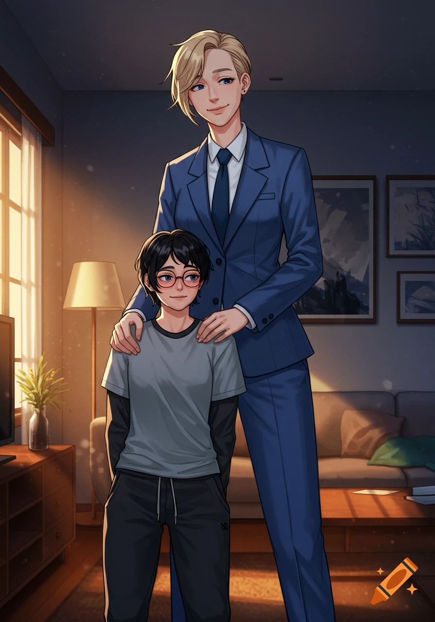 An anime drawing of a tall blonde woman in a blue suit embracing her shorter girlfriend with black hair and glasses in a home setting.