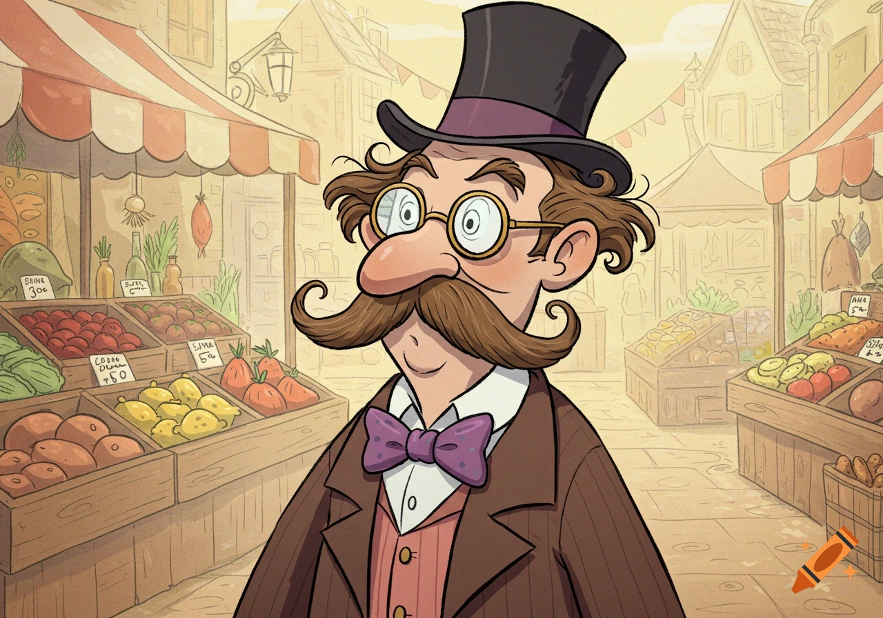 A whimsical cartoon man with a large mustache and top hat stands in a bustling market street.