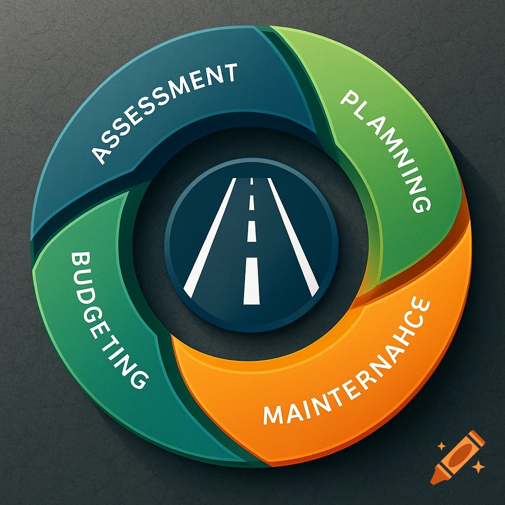 A circular diagram showing four stages: Assessment, Planning, Budgeting, and Mainternance, with a road icon in the center.