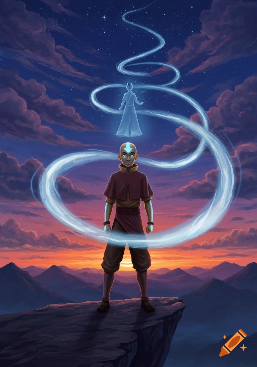Aang in his Avatar state on a cliff, with Princess Yue's glowing spirit above, against a vibrant sunset and mountains.