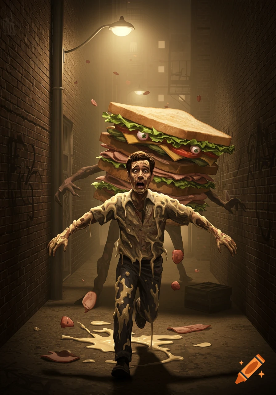 A terrified man, covered in mayonnaise and food scraps, flees down a dimly lit alley from a towering, monstrous sandwich with glaring eyes.