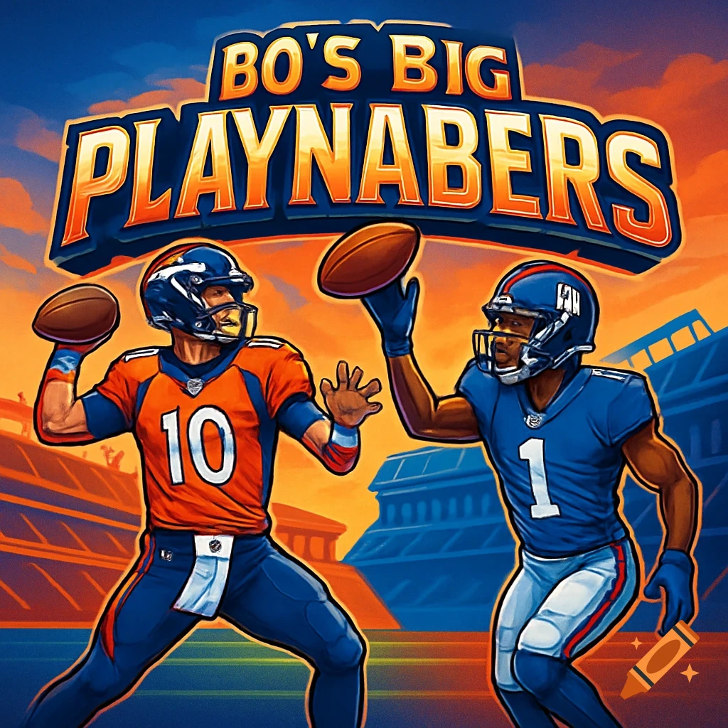 Stylized illustration of two football players, one throwing a football, the other preparing to catch, under the logo 'BO'S BIG PLAYNABERS' in a stadium.